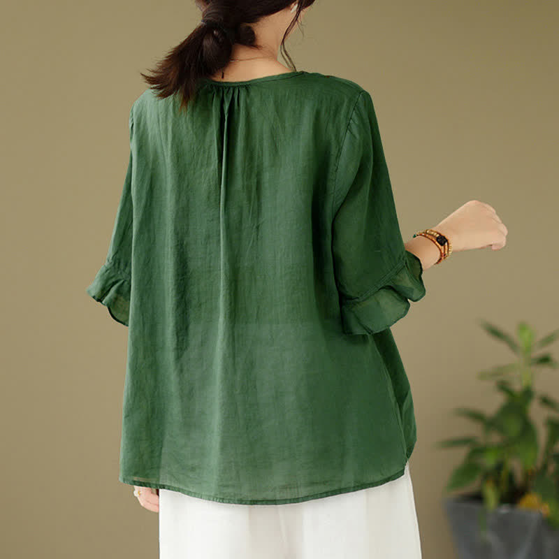 Buddha Stones Embroidery Buttons Crew Neck Flared Short Sleeve Women's Shirt - image 10
