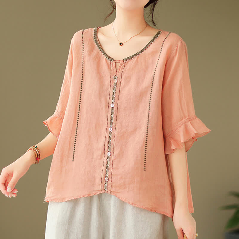 Buddha Stones Embroidery Buttons Crew Neck Flared Short Sleeve Women's Shirt - image 21