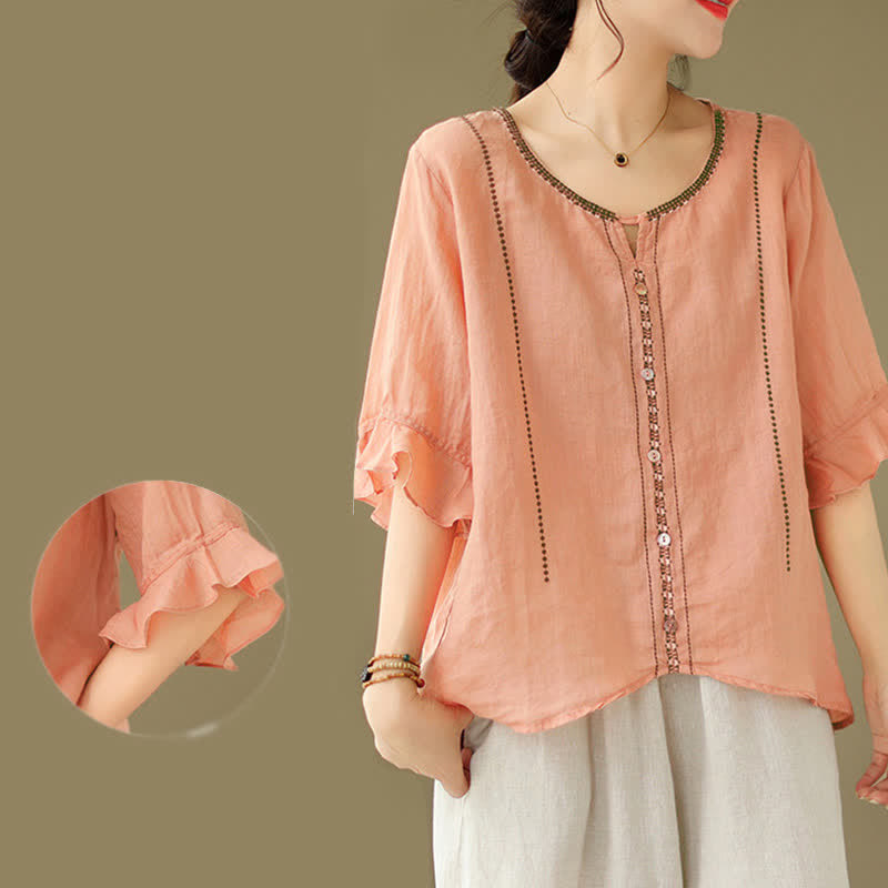 Buddha Stones Embroidery Buttons Crew Neck Flared Short Sleeve Women's Shirt - image 23