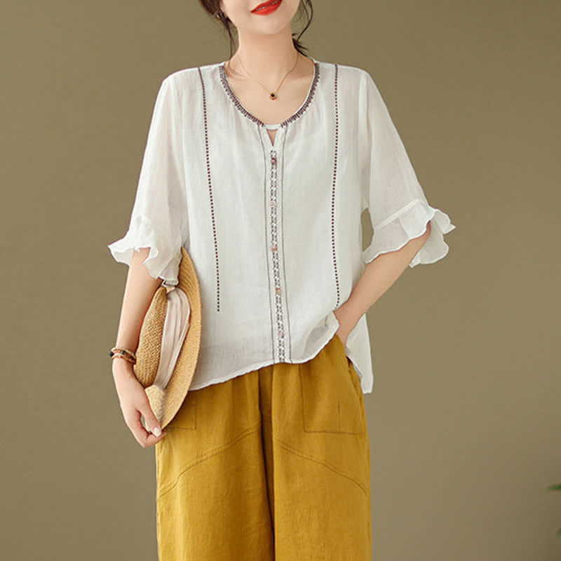 Buddha Stones Embroidery Buttons Crew Neck Flared Short Sleeve Women's Shirt - image 3