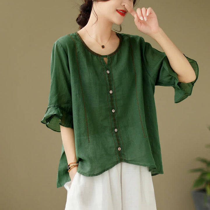 Buddha Stones Embroidery Buttons Crew Neck Flared Short Sleeve Women's Shirt - DarkGreen - Lightweight Fabric - image 6