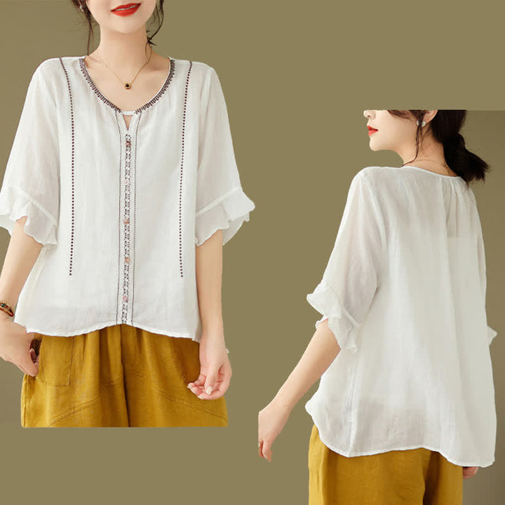 Buddha Stones Embroidery Buttons Crew Neck Flared Short Sleeve Women's Shirt - image 5