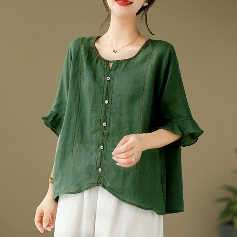 Buddha Stones Embroidery Buttons Crew Neck Flared Short Sleeve Women's Shirt - image 8