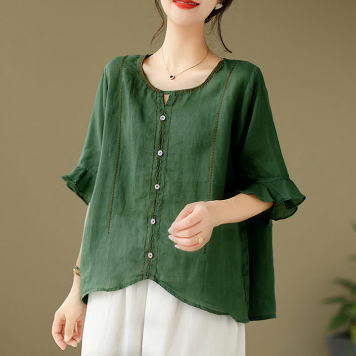 Buddha Stones Embroidery Buttons Crew Neck Flared Short Sleeve Women's Shirt - image 8