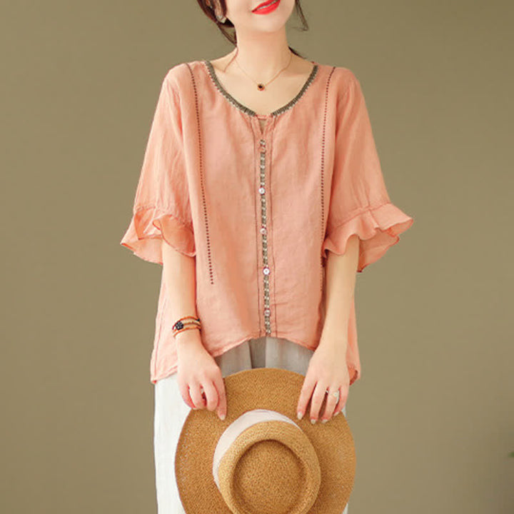 Buddha Stones Embroidery Buttons Crew Neck Flared Short Sleeve Women's Shirt - image 22
