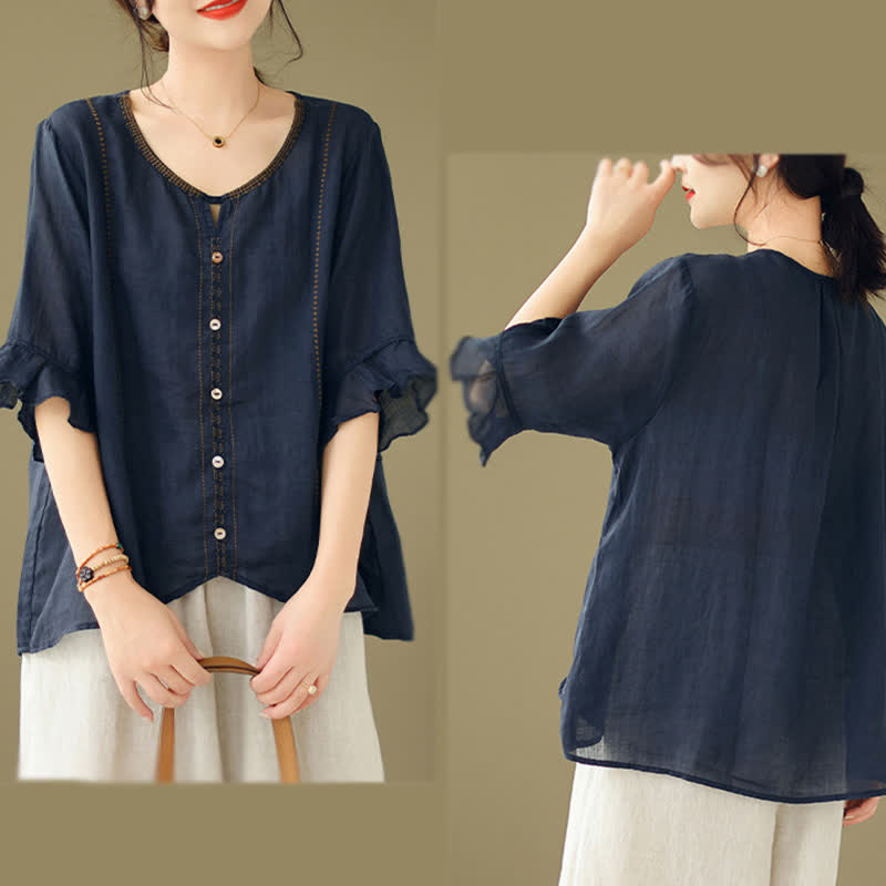 Buddha Stones Embroidery Buttons Crew Neck Flared Short Sleeve Women's Shirt - image 19
