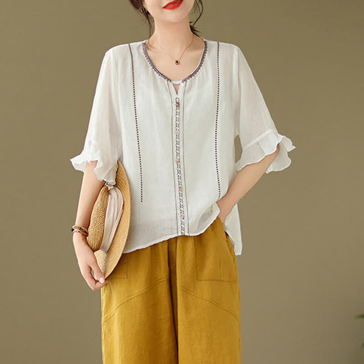 Buddha Stones Embroidery Buttons Crew Neck Flared Short Sleeve Women's Shirt - image 3