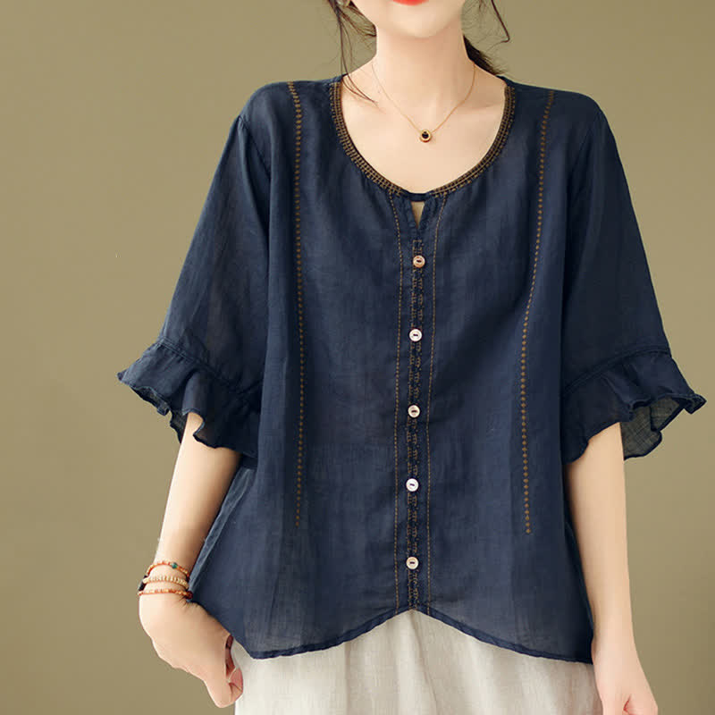 Buddha Stones Embroidery Buttons Crew Neck Flared Short Sleeve Women's Shirt - image 16