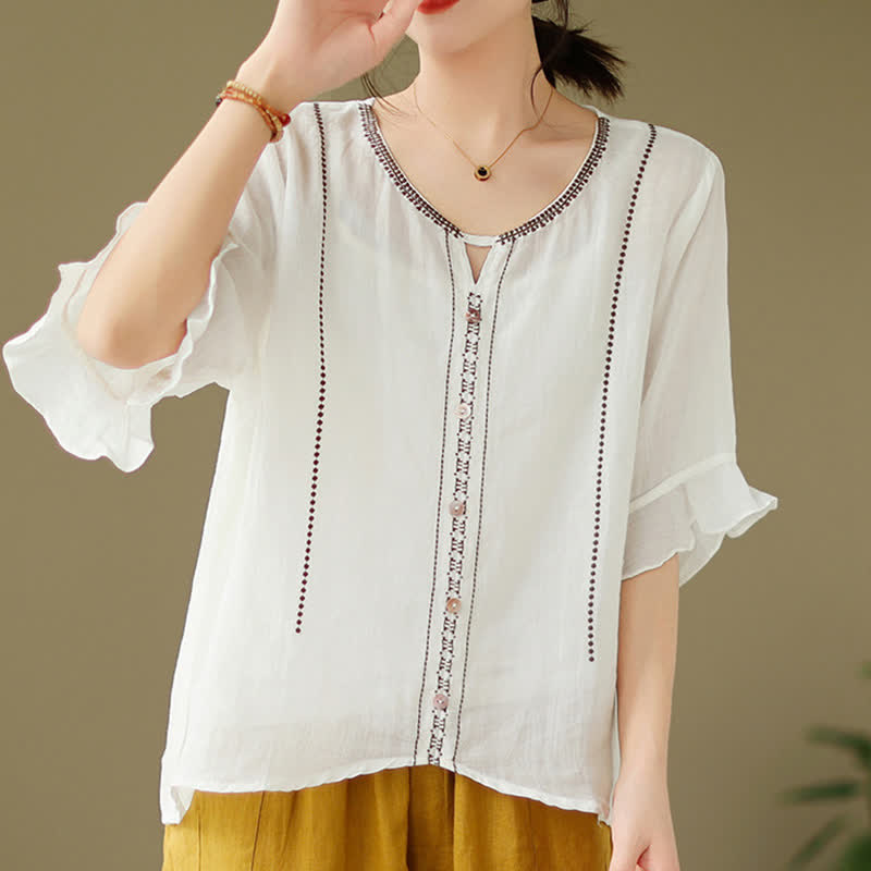 Buddha Stones Embroidery Buttons Crew Neck Flared Short Sleeve Women's Shirt - image 2