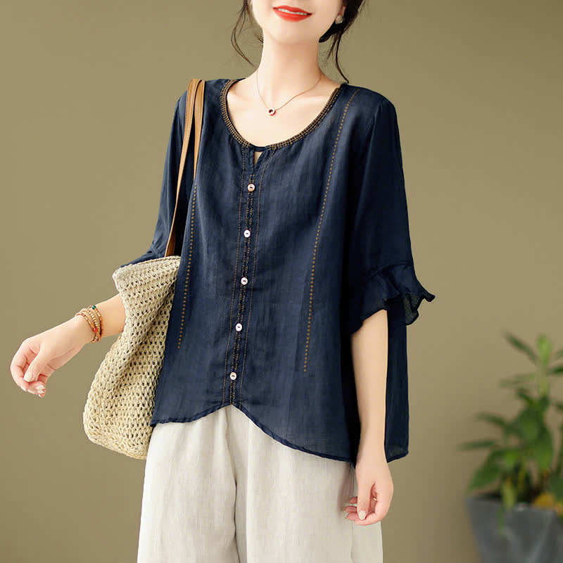 Buddha Stones Embroidery Buttons Crew Neck Flared Short Sleeve Women's Shirt - MidnightBlue - Lightweight Fabric - image 13