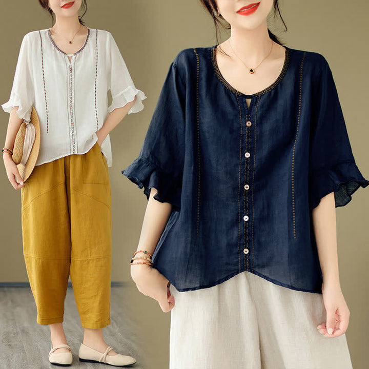 Buddha Stones Embroidery Buttons Crew Neck Flared Short Sleeve Women's Shirt - image 26
