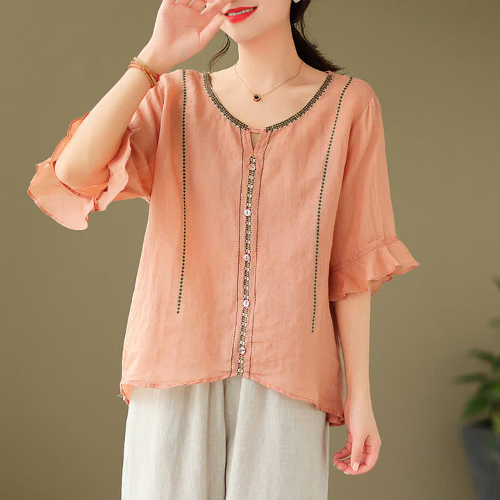 Buddha Stones Embroidery Buttons Crew Neck Flared Short Sleeve Women's Shirt - LightSalmon - Lightweight Fabric - image 20