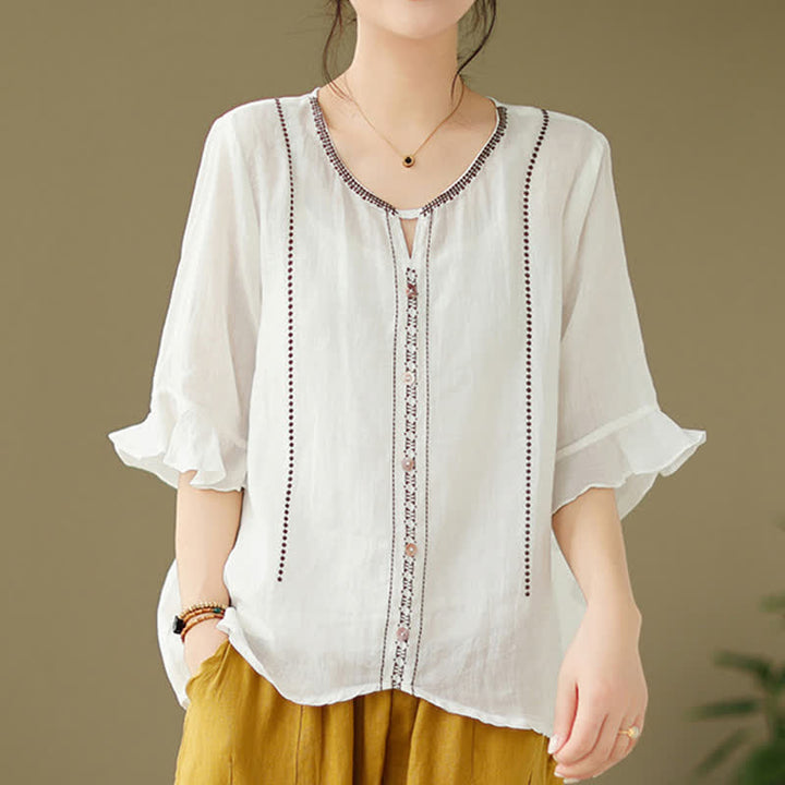 Buddha Stones Embroidery Buttons Crew Neck Flared Short Sleeve Women's Shirt - image 1