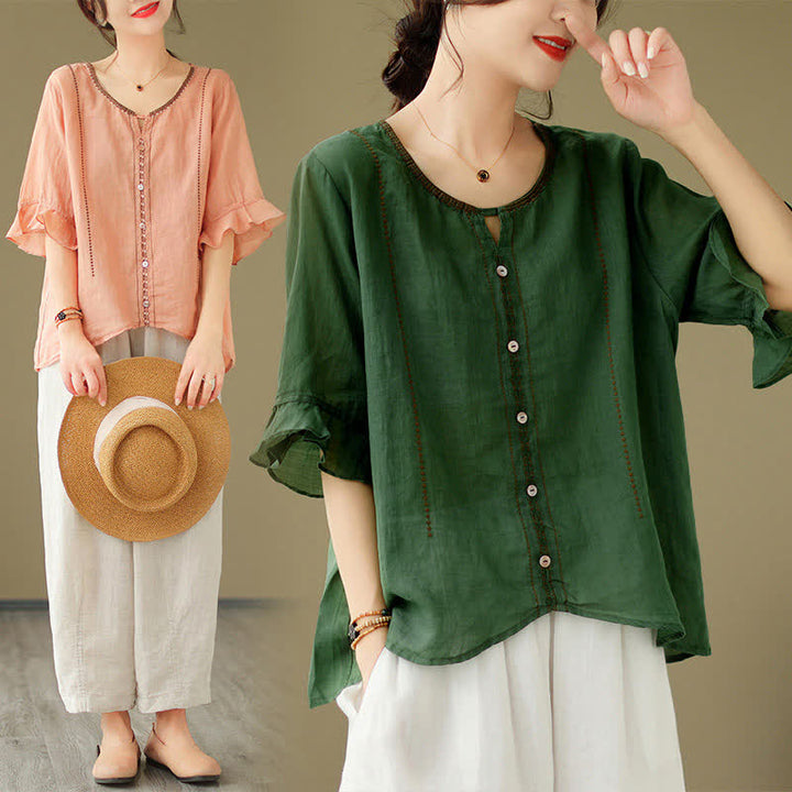 Buddha Stones Embroidery Buttons Crew Neck Flared Short Sleeve Women's Shirt - image 25