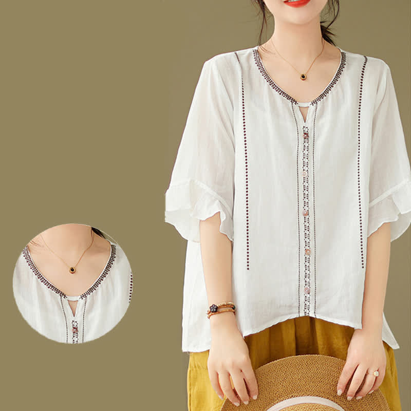 Buddha Stones Embroidery Buttons Crew Neck Flared Short Sleeve Women's Shirt - image 4