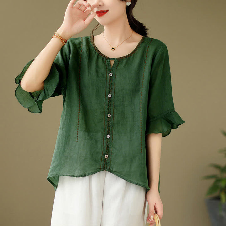Buddha Stones Embroidery Buttons Crew Neck Flared Short Sleeve Women's Shirt - image 7