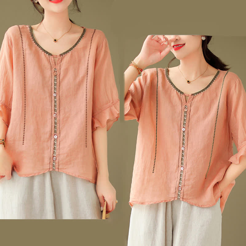 Buddha Stones Embroidery Buttons Crew Neck Flared Short Sleeve Women's Shirt - image 24