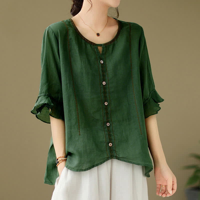 Buddha Stones Embroidery Buttons Crew Neck Flared Short Sleeve Women's Shirt - image 9