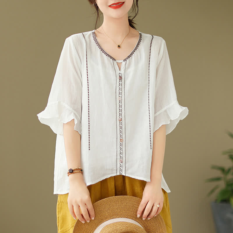 Buddha Stones Embroidery Buttons Crew Neck Flared Short Sleeve Women's Shirt - White - Lightweight Fabric - image 0