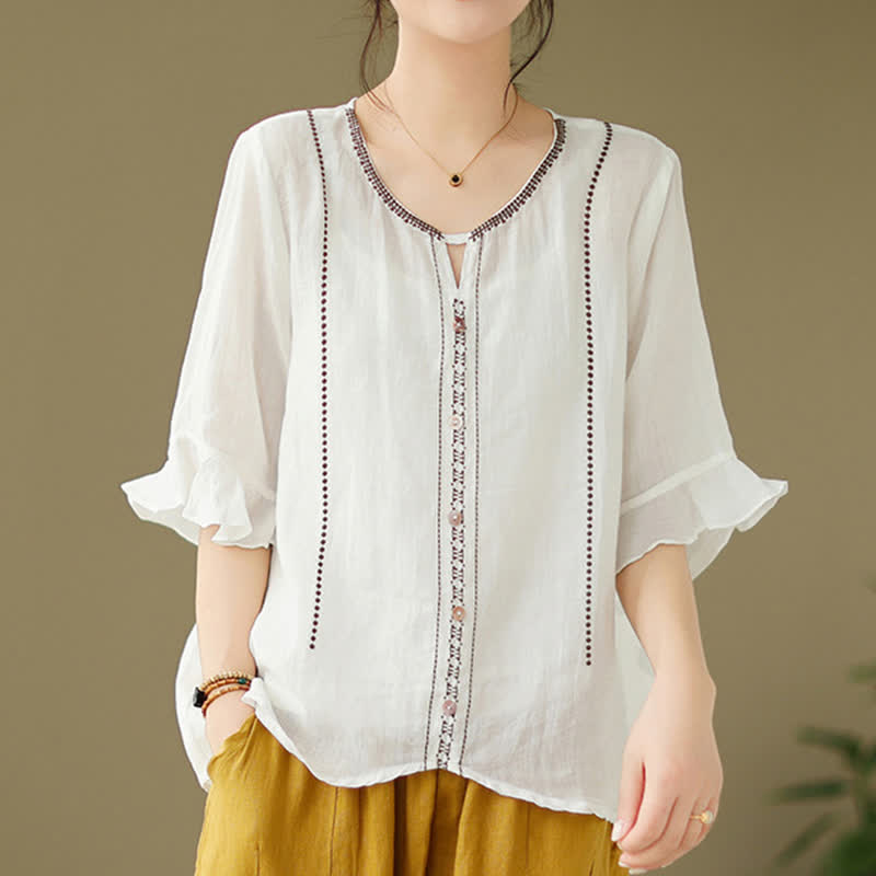 Buddha Stones Embroidery Buttons Crew Neck Flared Short Sleeve Women's Shirt - image 1