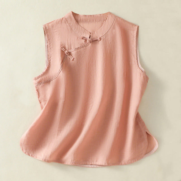 Buddha Stones Summer Retro Plain Frog-Button Stand Collar Women's Sleeveless Vest - LightSalmon - US12，UK/AU16，EU44 (2XL) - image 0