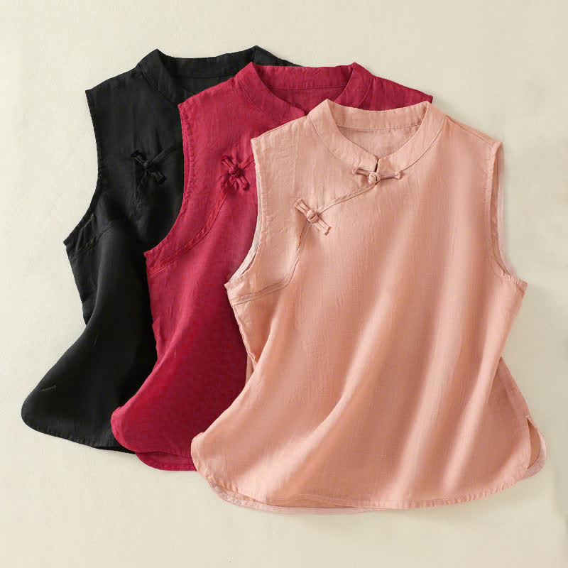 Buddha Stones Summer Retro Plain Frog-Button Stand Collar Women's Sleeveless Vest - image 19