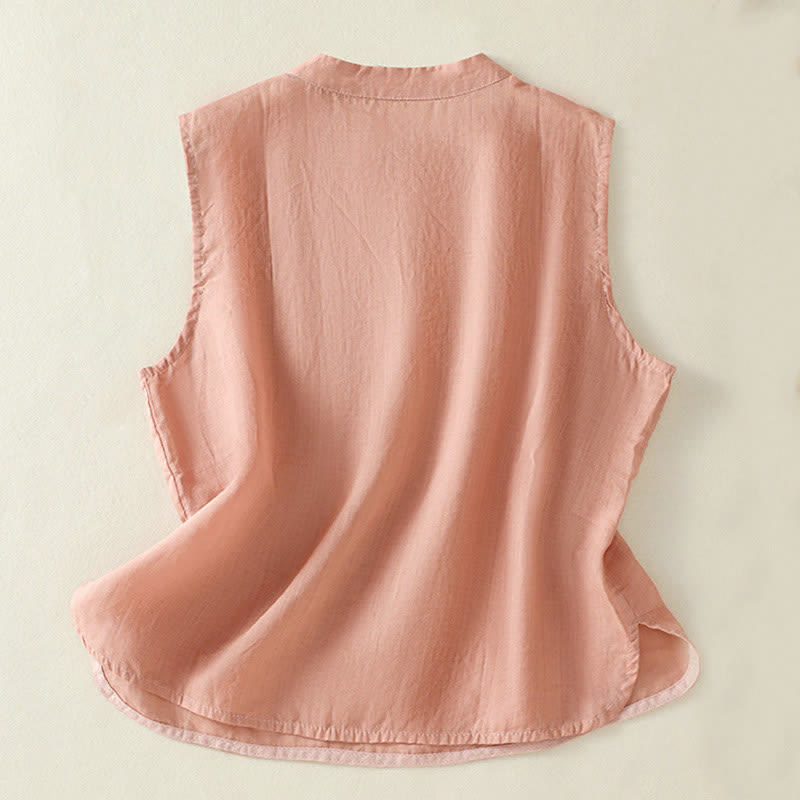 Buddha Stones Summer Retro Plain Frog-Button Stand Collar Women's Sleeveless Vest - image 1