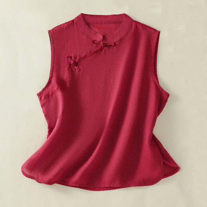 Buddha Stones Summer Retro Plain Frog-Button Stand Collar Women's Sleeveless Vest - Crimson - US12，UK/AU16，EU44 (2XL) - image 7