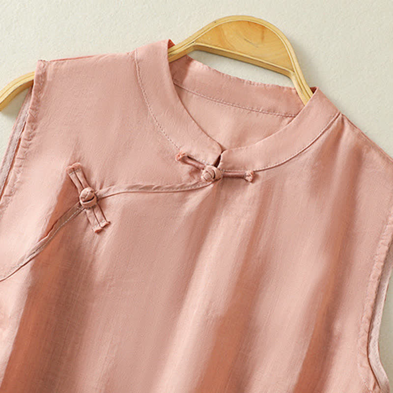 Buddha Stones Summer Retro Plain Frog-Button Stand Collar Women's Sleeveless Vest - image 2
