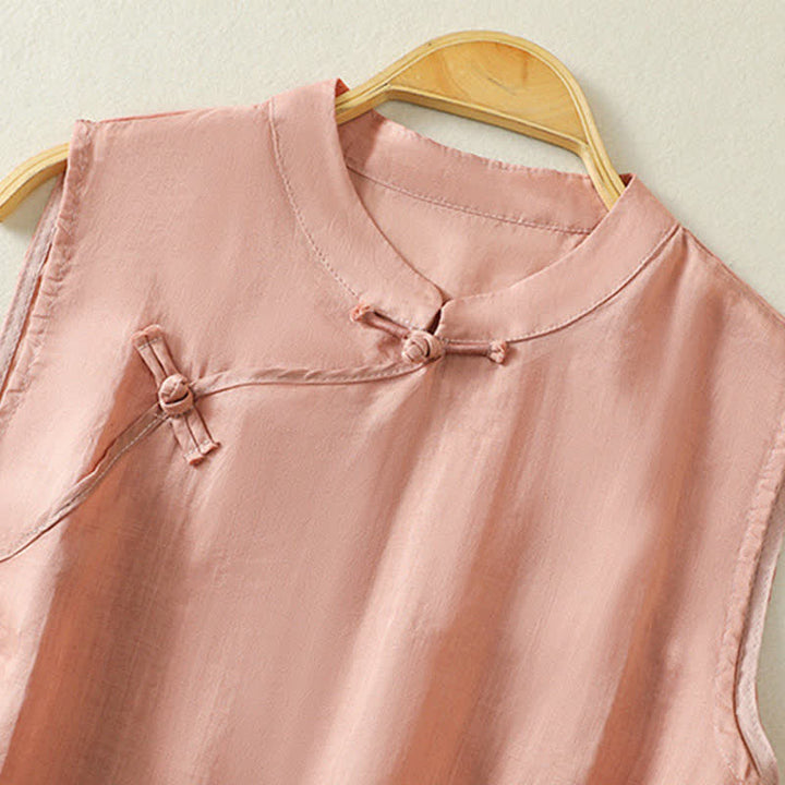 Buddha Stones Summer Retro Plain Frog-Button Stand Collar Women's Sleeveless Vest - image 2