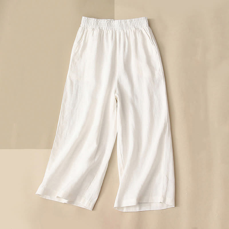 Buddha Stones High Waist Capri Cropped Women's Wide Leg Cotton Pants With Pockets - White - US8-10，UK/AU12-14，EU40-42 (2XL) - image 7