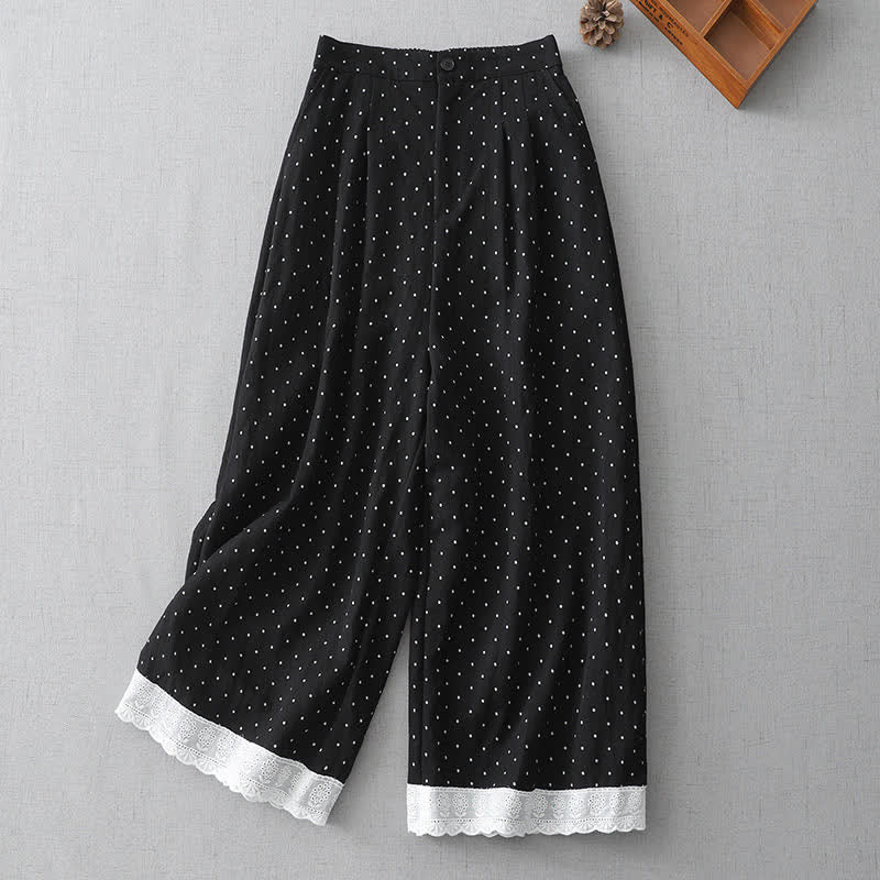 Buddha Stones Polka Dot Lace Patchwork Cotton Women's Wide Leg Capri Pants With Pockets - Black - US8-10，UK/AU12-14，EU40-42 (2XL) - image 0