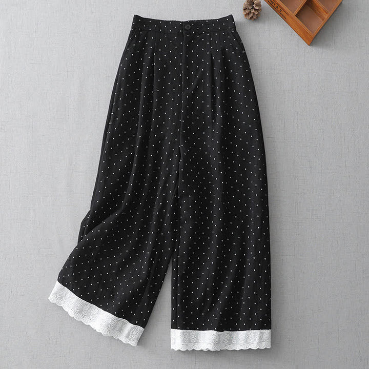 Buddha Stones Polka Dot Lace Patchwork Cotton Women's Wide Leg Capri Pants With Pockets - Black - US8-10，UK/AU12-14，EU40-42 (2XL) - image 0