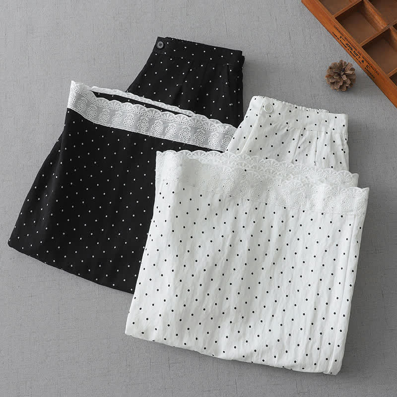 Buddha Stones Polka Dot Lace Patchwork Cotton Women's Wide Leg Capri Pants With Pockets - image 14