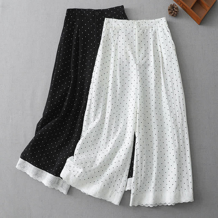Buddha Stones Polka Dot Lace Patchwork Cotton Women's Wide Leg Capri Pants With Pockets - image 13