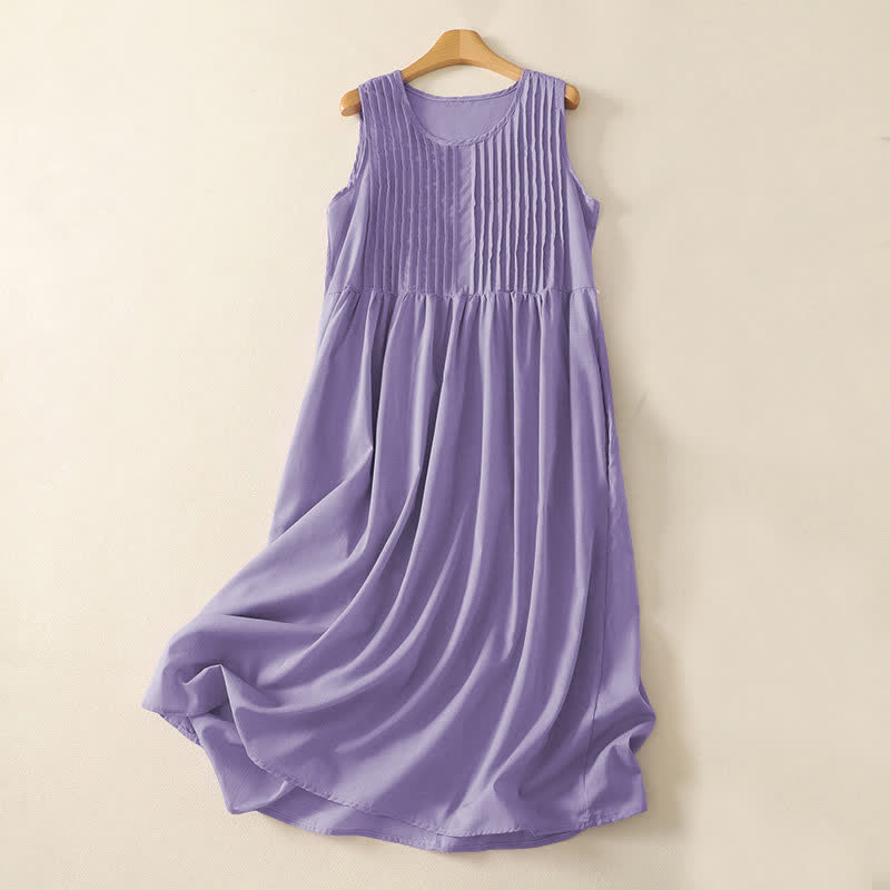 Buddha Stones Summer Pure Color Accordion Pleats Sleeveless Knee Length Dress With Pockets - MediumPurple - Lightweight fabric - image 0