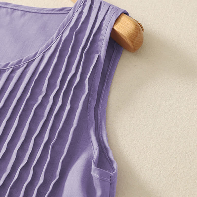 Buddha Stones Summer Pure Color Accordion Pleats Sleeveless Knee Length Dress With Pockets - image 4