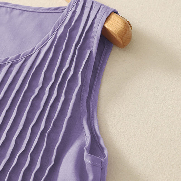 Buddha Stones Summer Pure Color Accordion Pleats Sleeveless Knee Length Dress With Pockets - image 4