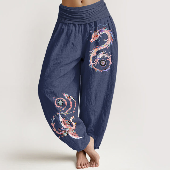 Buddha Stones Cotton Flying Dragon Phoenix Pattern Women's Elastic Waist Harem Pants - DarkSlateBlue - US16，UK/AU20，EU48 (3XL) - image 8