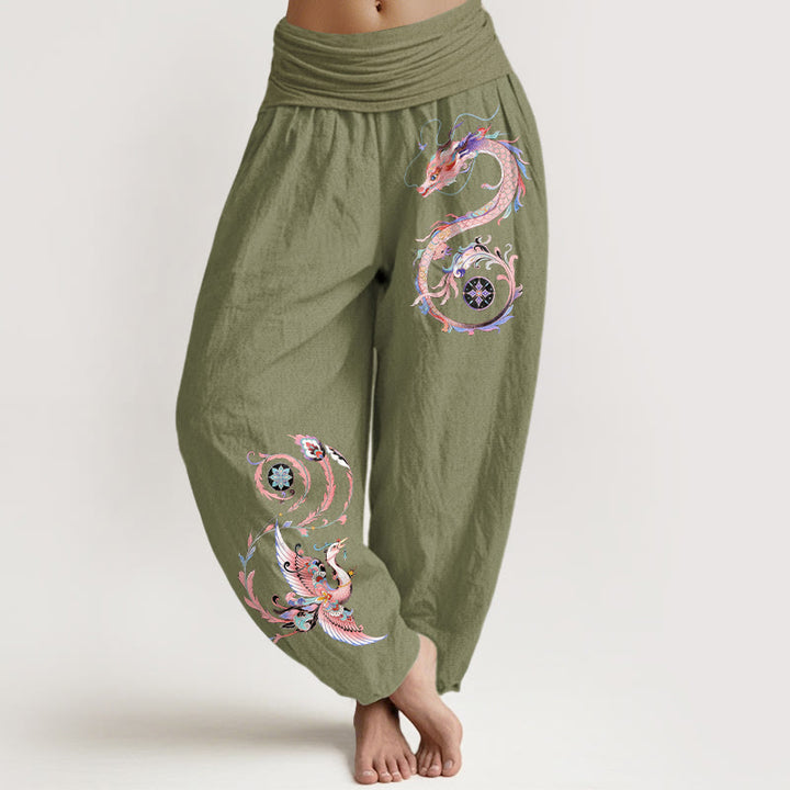 Buddha Stones Cotton Flying Dragon Phoenix Pattern Women's Elastic Waist Harem Pants - OliveDrab - US16，UK/AU20，EU48 (3XL) - image 14