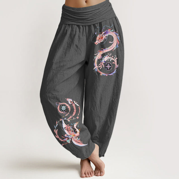 Buddha Stones Cotton Flying Dragon Phoenix Pattern Women's Elastic Waist Harem Pants - DimGray - US16，UK/AU20，EU48 (3XL) - image 11