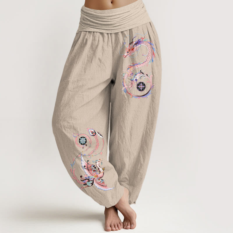 Buddha Stones Cotton Flying Dragon Phoenix Pattern Women's Elastic Waist Harem Pants - Tan - US16，UK/AU20，EU48 (3XL) - image 5