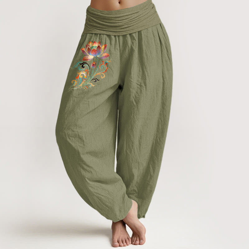 Buddha Stones Cotton Colorful Lotus Flower Pattern Women's Elastic Waist Harem Pants - OliveDrab - US16，UK/AU20，EU48 (3XL) - image 14