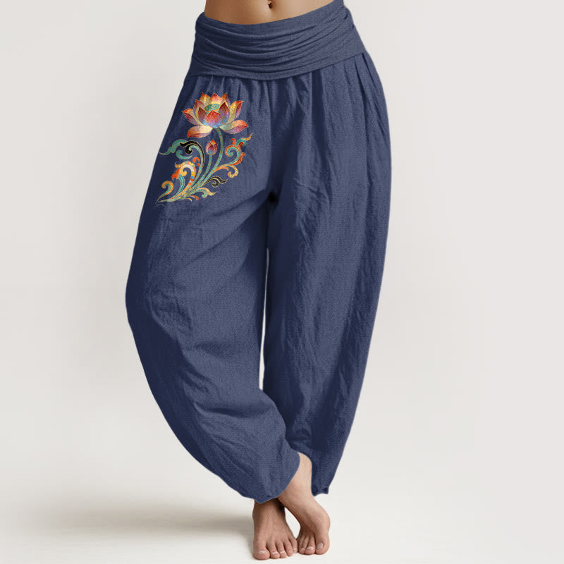 Buddha Stones Cotton Colorful Lotus Flower Pattern Women's Elastic Waist Harem Pants - DarkSlateBlue - US16，UK/AU20，EU48 (3XL) - image 0