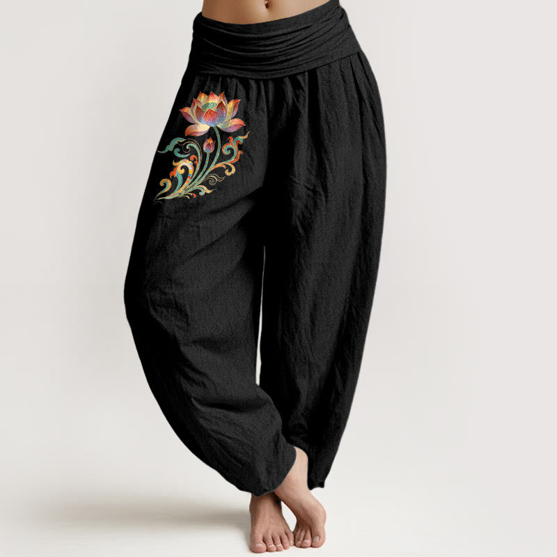 Buddha Stones Cotton Colorful Lotus Flower Pattern Women's Elastic Waist Harem Pants - Black - US16，UK/AU20，EU48 (3XL) - image 5