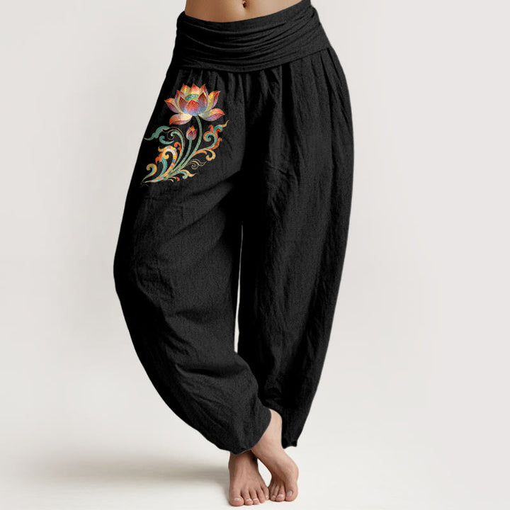 Buddha Stones Cotton Colorful Lotus Flower Pattern Women's Elastic Waist Harem Pants - Black - US16，UK/AU20，EU48 (3XL) - image 5