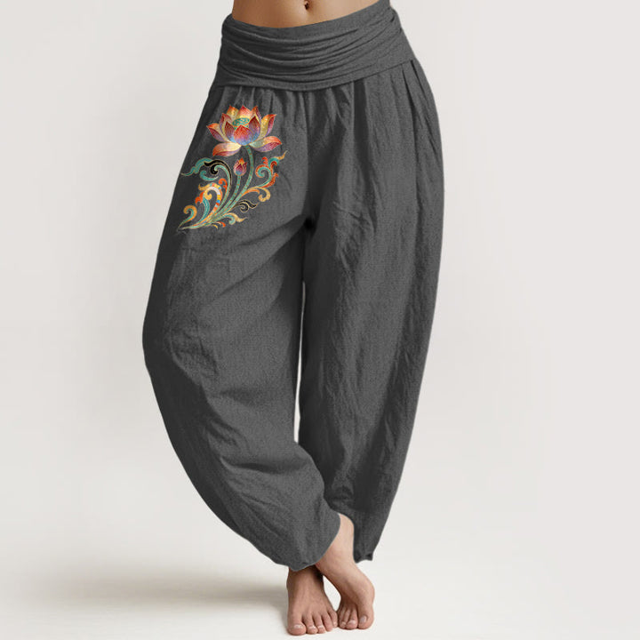 Buddha Stones Cotton Colorful Lotus Flower Pattern Women's Elastic Waist Harem Pants - DimGray - US16，UK/AU20，EU48 (3XL) - image 8