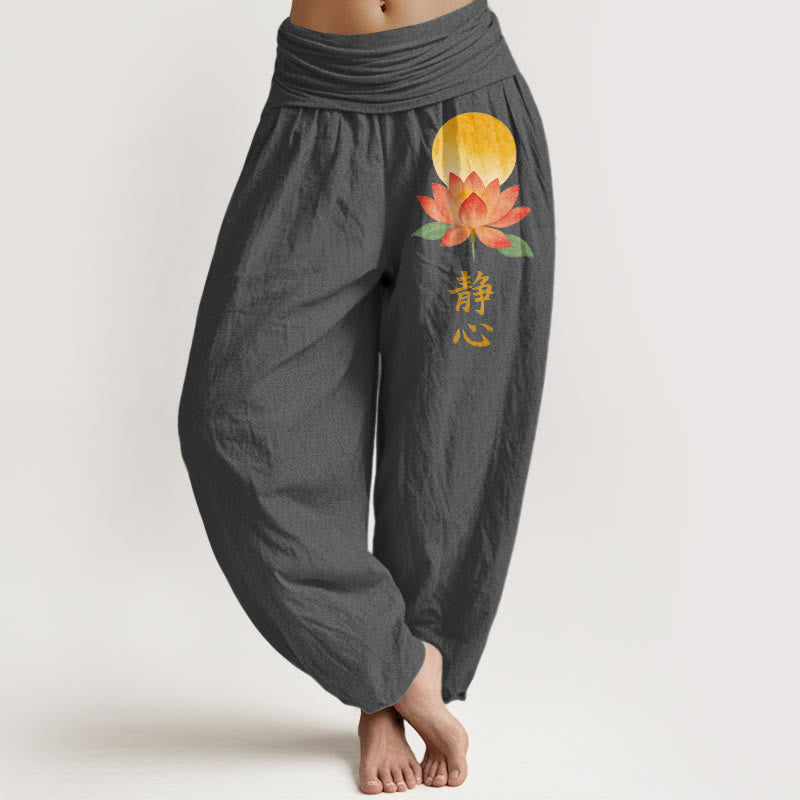 Buddha Stones Cotton Full Moon Lotus Flower Pattern Women's Elastic Waist Harem Pants - DimGrey - US16，UK/AU20，EU48 (3XL) - image 8