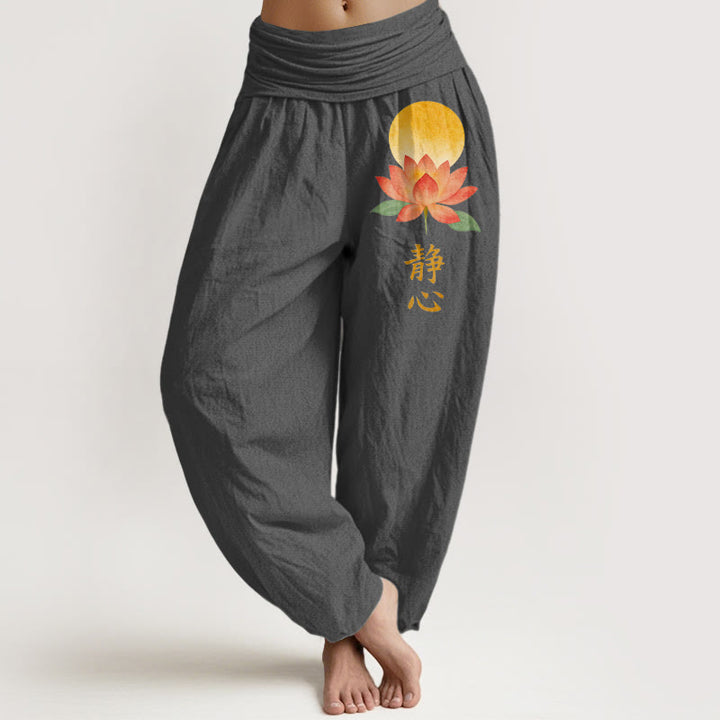 Buddha Stones Cotton Full Moon Lotus Flower Pattern Women's Elastic Waist Harem Pants - DimGrey - US16，UK/AU20，EU48 (3XL) - image 8