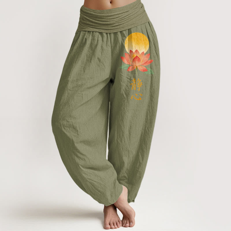 Buddha Stones Cotton Full Moon Lotus Flower Pattern Women's Elastic Waist Harem Pants - OliveDrab - US16，UK/AU20，EU48 (3XL) - image 14
